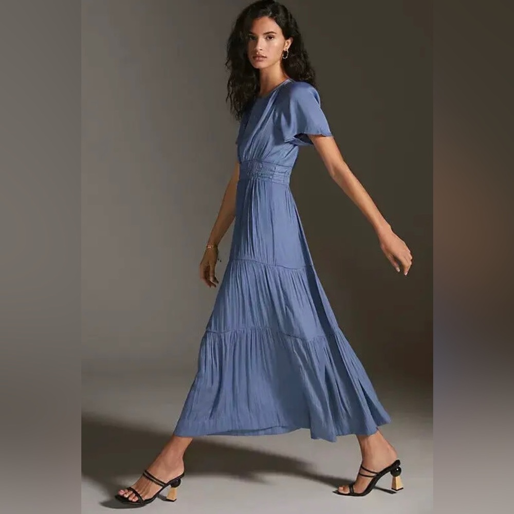 Anthropologie Somerset Satin Maxi Dress Silky Flowy Slate Tiered Size M new